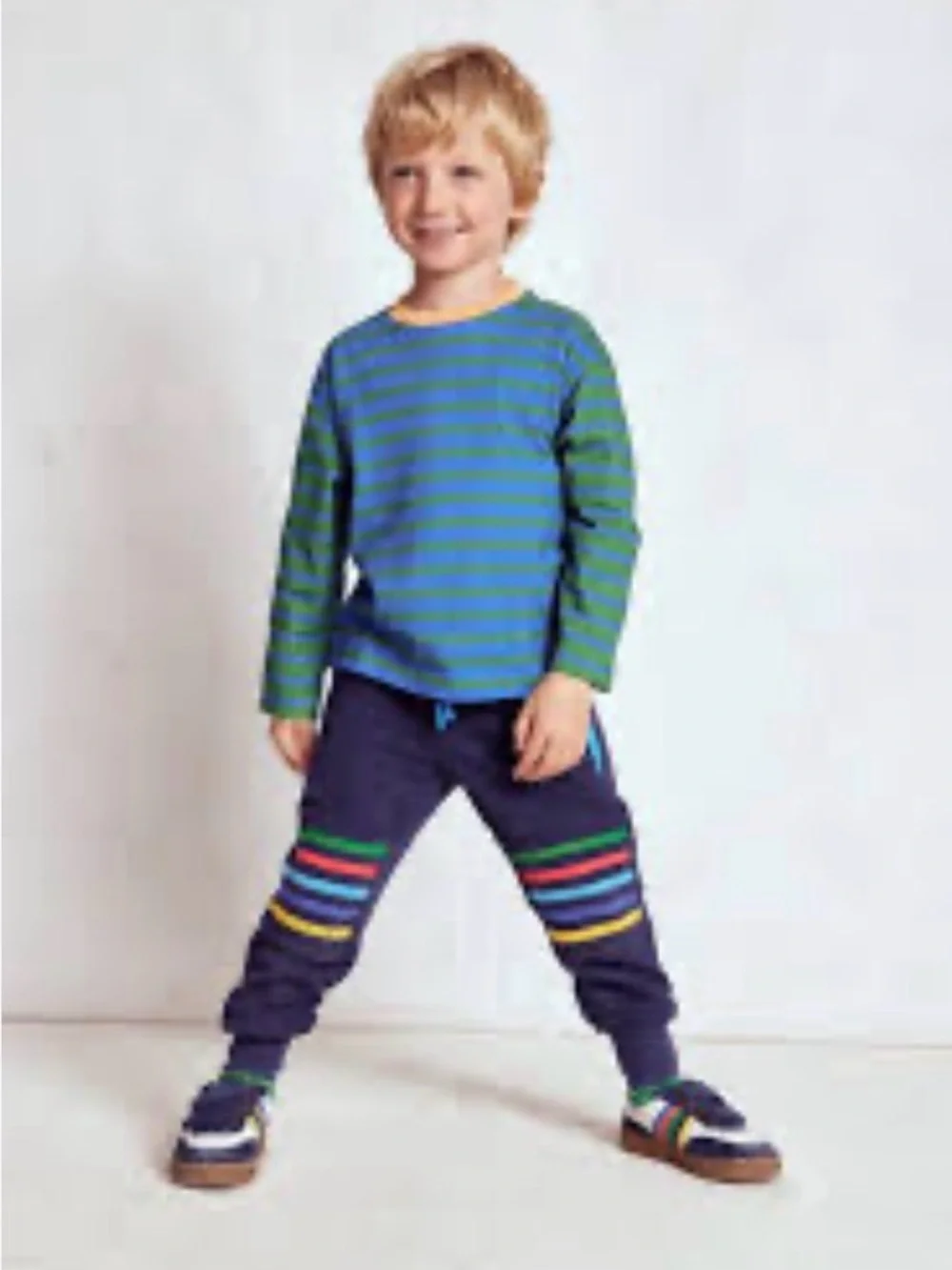Mini Boden Green & Blue Striped Long-Sleeve Tee with Orange Neck